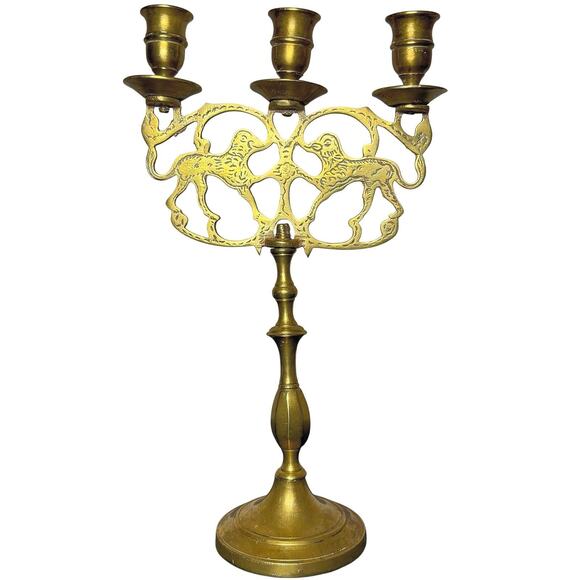 Vintage Brass Judaica Candelabra 3-Arm Lion of Judea Handmade NYC Decor - Picture 1 of 15